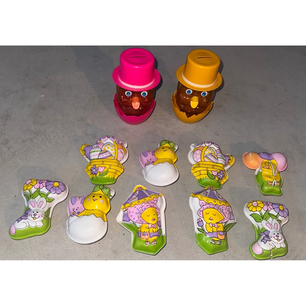 Vintage Easter Chick Banks Top Hat & Plastic Candy Trays Molds Lot of 11 Multi